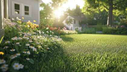 Obraz premium vibrant front yard garden with sunlight illuminating colorful flowers and lush grass