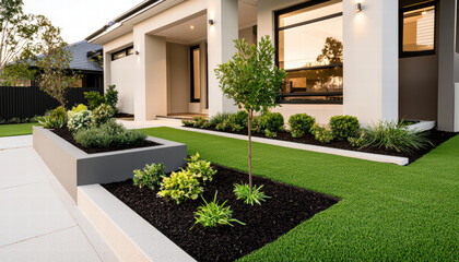 Modern front yard featuring trimmed grass, plants, and stylish design
