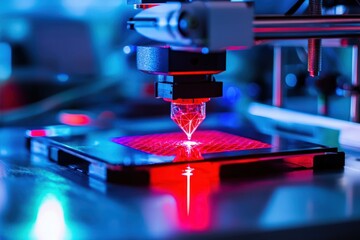 Close Up of Automated Precision Manufacturing Process with Red and Blue Lighting