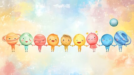 Naklejka premium Colorful Cartoon Planets Holding Hands in a Joyful Display