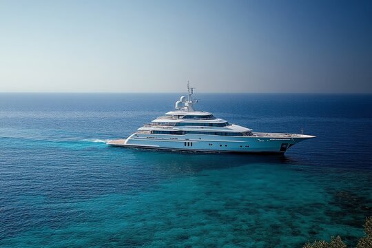 Luxurious yacht cruising through crystal clear waters near a tranquil coastline