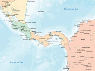 Political map highlighting Nicaragua, Costa Rica, Panama, and northern Colombia, showing country borders, major cities, and bodies of water such as the Caribbean Sea and the Pacific Ocean.