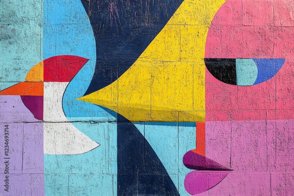 Poster vibrant mural featuring abstract human and bird faces against a colorful background in an urban sett