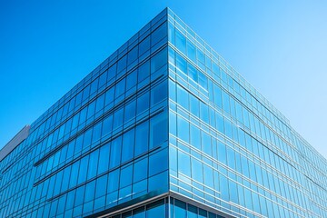 Modern glass building reflects clear blue sky in urban landscape during daytime