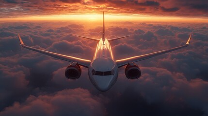 Airplane flying above clouds at sunset