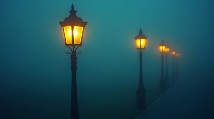 Obraz premium Illuminated Streetlamps in a Misty Night Scene