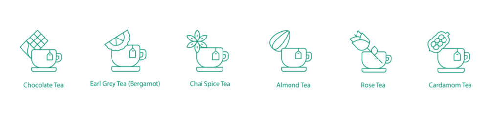 Chocolate, Earl Grey, Chai Spice, Almond, Rose, and Cardamom Tea Icon Set