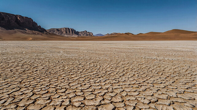 Surreal landscape with a metal cube in the desert