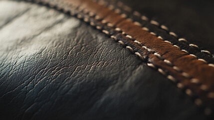 Close-up of Dark Leather with Brown Stripe and White Stitching Details