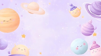 Fototapeta premium Cute Cartoon Planets and Stars in a Colorful Cosmic Background