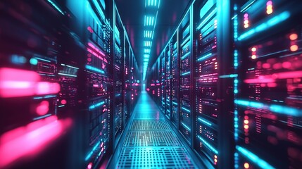 A futuristic server room bathed in vibrant pink and blue light, symbolizing the speed and power of modern data processing. Ideal for tech, cybersecurity, and data center marketing.