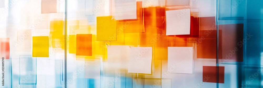 Poster Abstract background showcasing colorful sticky notes on a transparent surface, representing business ideas, brainstorming, and innovative concepts in a modern office environment