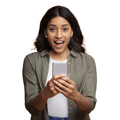 excited young Indian Woman using cellphone and celebrating online win and success. transparent background. png