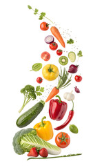 Rainbow of Freshness: A vibrant medley of fresh vegetables and fruits explodes in a cascade of color and flavor, capturing the essence of healthy living and culinary inspiration.   © Supanun