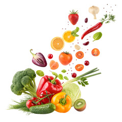Vibrant Produce Explosion: A dynamic burst of fresh fruits and vegetables, including broccoli, peppers, tomatoes, strawberries, and more. © Supanun