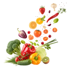 Fotobehang Vibrant Produce Explosion: A dynamic burst of fresh fruits and vegetables, including broccoli, peppers, tomatoes, strawberries, and more. © Supanun