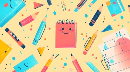 Colorful School Supplies and Stationery on Yellow Background