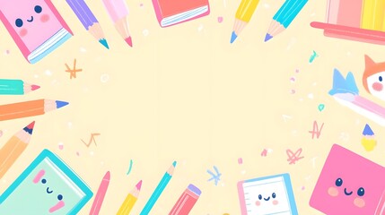 Cute and Colorful School Supplies with Happy Faces on a Light Background