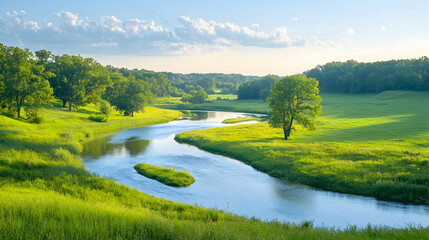 Obraz premium Serene river meanders through lush green valley, sunny day
