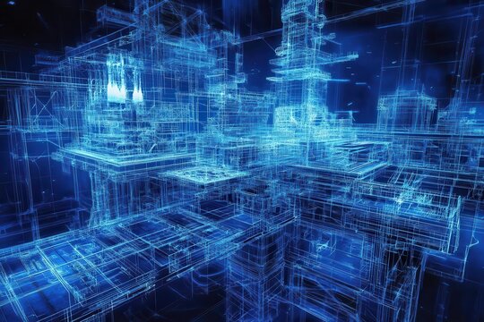 technical 3d wireframe visualization of deep-sea research station, showing multiple levels and internal systems in holographic blue