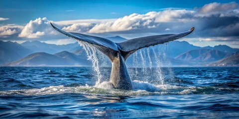 Naklejka premium Majestic Whale Tail Splashing in Sparkling Ocean Water