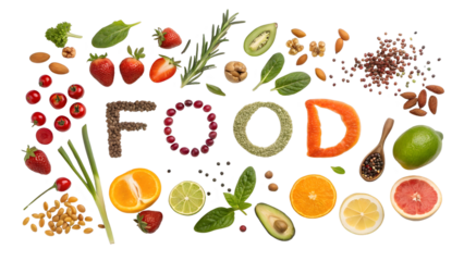 Food Collage: A vibrant and colorful collage of fresh and healthy ingredients spells out "FOOD" in a visually appealing composition. It showcases a wide array of nutritious foods.
