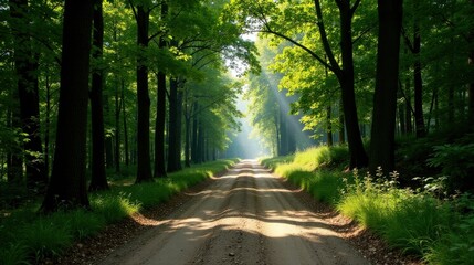 Obraz premium Sunlit Path Through a Verdant Forest Canopy, Leading to a Serene Destination