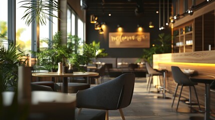 Obraz premium Modern cafe interior with warm lighting, wooden decor, and lush greenery, creating a cosy and inviting ambiance. Perfect for restaurant design, hospitality, and lifestyle themes.