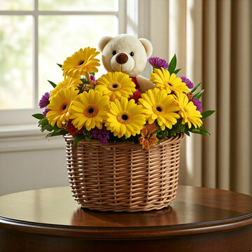 Yellow Gerbera Basket with Teddy Bear Arrangement
