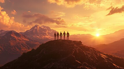Silhouetted figures hold hands atop a mountain at sunset, symbolizing unity and shared achievement. Ideal for teamwork, collaboration, and success themes.