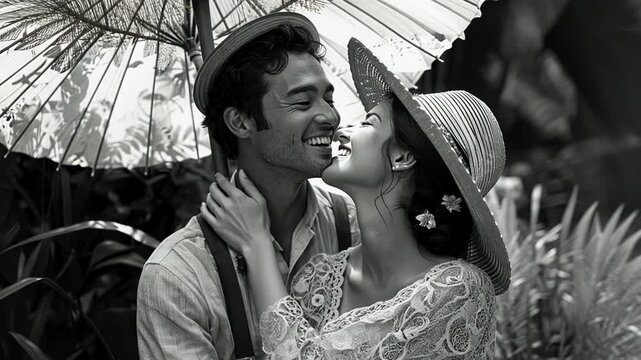 A romantic couple shares a joyful connection amidst lush greenery, basking in the warmth of nature. Their laughter resonates as they embrace the beauty around them.