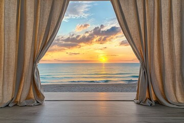 Beige linen curtains on a floor-to-ceiling window with a serene beach view during sunset.