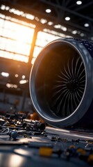 Close up of a Dark Blue Jet Engine in a Hangar with Warm Sunlight
