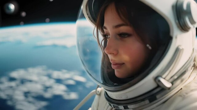A woman in an astronaut suit gazes thoughtfully into the vast expanse of space, with Earth visible in the background, showcasing the beauty of the universe.