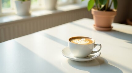Obraz premium Sunlit Cappuccino on a Table with a Plant in the Background