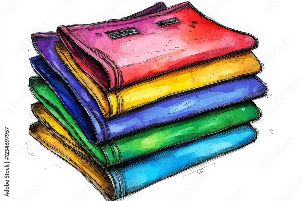Poster brightly colored folders stacked in a neat arrangement on a white background