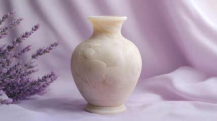 Beautifully carved alabaster vase, sitting on a pastel lavender backdrop.