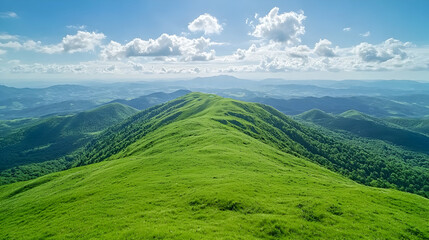 Fototapeta premium Green mountain ridge, sunny day, distant hills, travel postcard