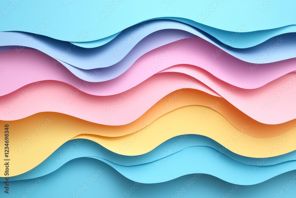 Poster Colorful wavy paper display creates a vibrant backdrop with soft pastel hues in smooth layers on a blue background