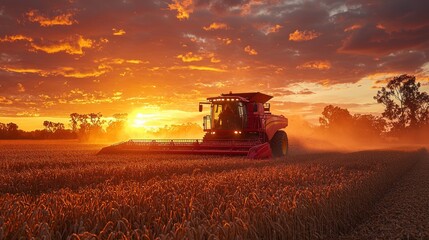 Obraz premium Combine harvesting wheat field sunset