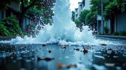 Powerful Water Spout Erupts on Residential Street, Creating a Frothy Wave of Splashes and Bubbles, Autumn Leaves Scattered on Wet Pavement