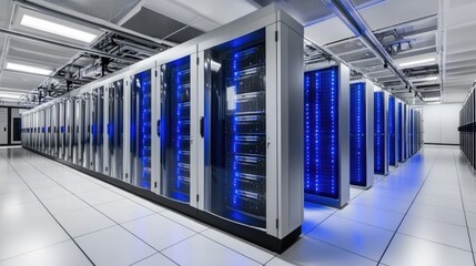 Modern data center with rows of sleek server racks emitting blue lights, showcasing advanced technology and secure infrastructure. Ideal for IT, cloud, and network visuals