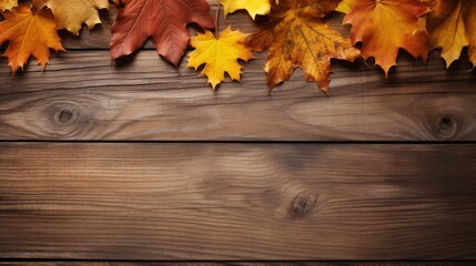 Obraz premium Autumn Leaves on Wooden Surface Creating a Warm and Cozy Feel with a Touch of Chaos in Nature's Beauty and Colors of Fall