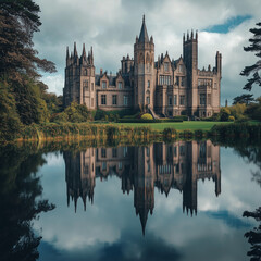 Obraz premium irishcastle, castle, spires, lake reflection, manicuredgardens, rollinghills, grandarchitectureA full view of a grand Irish castle with towering spires reflects in a peaceful lake, surrounded by man