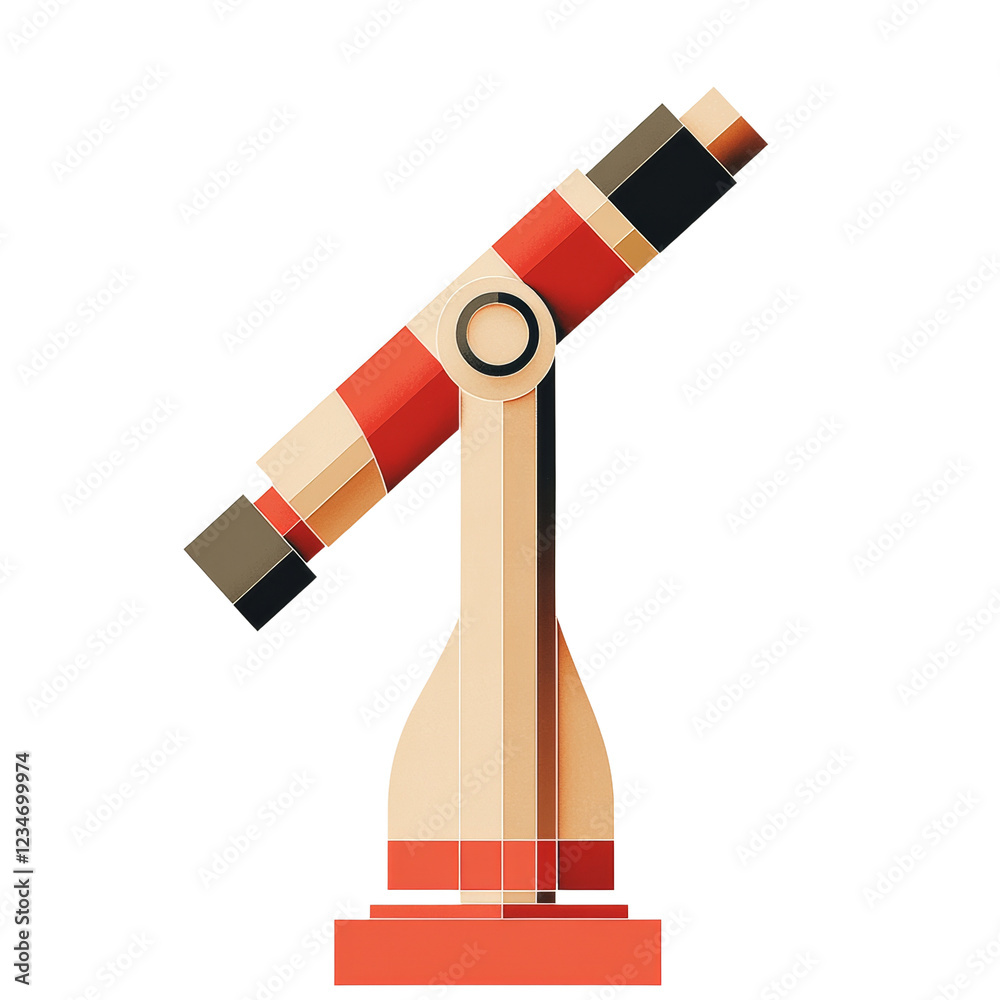Poster the image shows a stylized illustration of a telescope with a geometric design using red, orange and