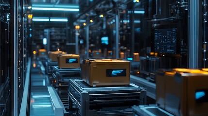 High-tech warehouse with automated systems for packaging and sorting boxes efficiently in a modern production environment.