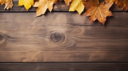 Autumn Leaves on Old Wooden Table Creating a Scenic and Chaotic Display of Nature's Beauty in a Rustic Setting for Seasonal Inspiration.