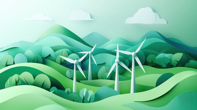 Paper art illustration of wind turbines on rolling green hills under a blue sky, symbolizing renewable energy and sustainability. Perfect for eco-friendly, conservation, and clean power themes.