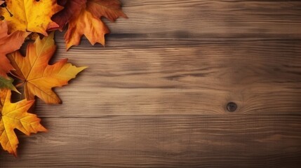 Obraz premium Autumn Leaves on Old Wooden Surface Creating a Warm, Chaotic Aesthetic in a Soft Natural Environment