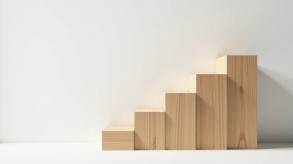 Ascending Wooden Blocks on a Minimalist White Background, Ideal for Product Display or Abstract Composition